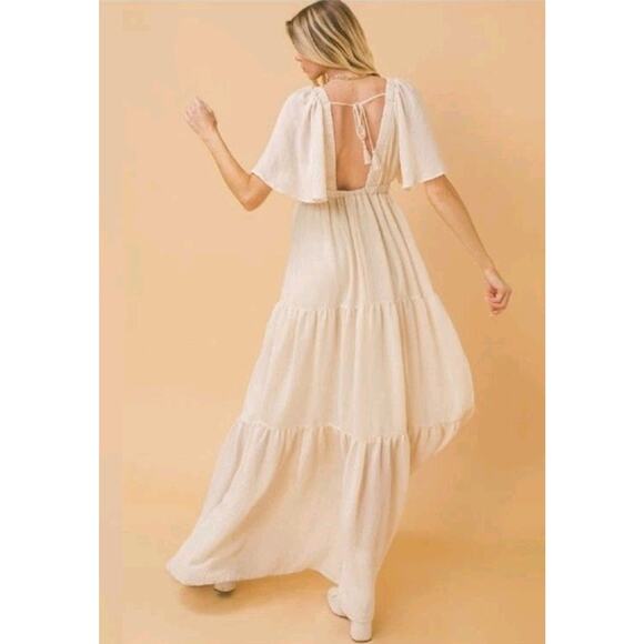 Flying Tomato Sweet Seduction Tiered Maxi Flutter Sleeve Plunging Dress XS Fairy - Picture 2 of 7